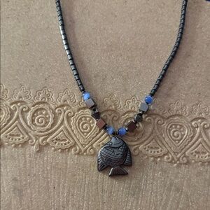 Hematite Silver and Blue Beaded Fish Pendant Necklace 10” Unisex